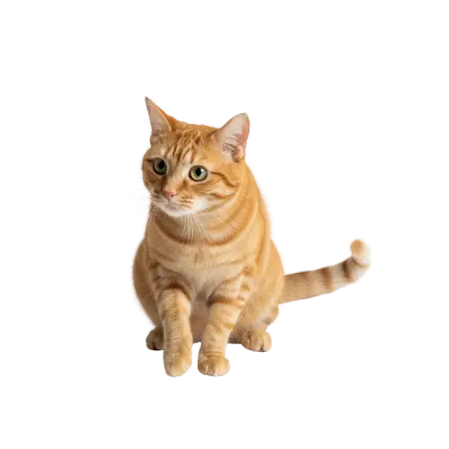 Gato atigrado naranja, sentado con atención, disponible para adopción en la Asociación Adóptame Tilarán.