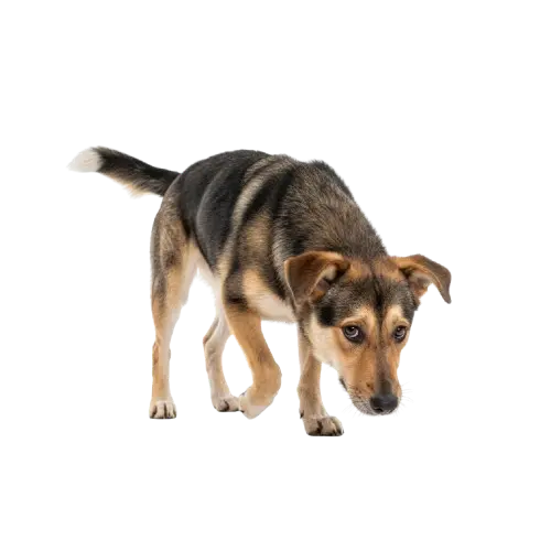 Perro mestizo café y negro, mirando hacia abajo, buscando adopción responsable en Tilarán, Costa Rica.